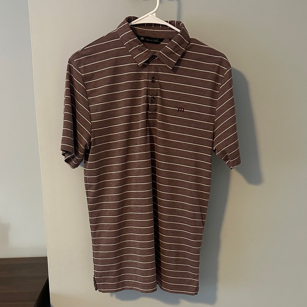 Travis Mathew Maroon Brown and White Striped Polo Shirt Small